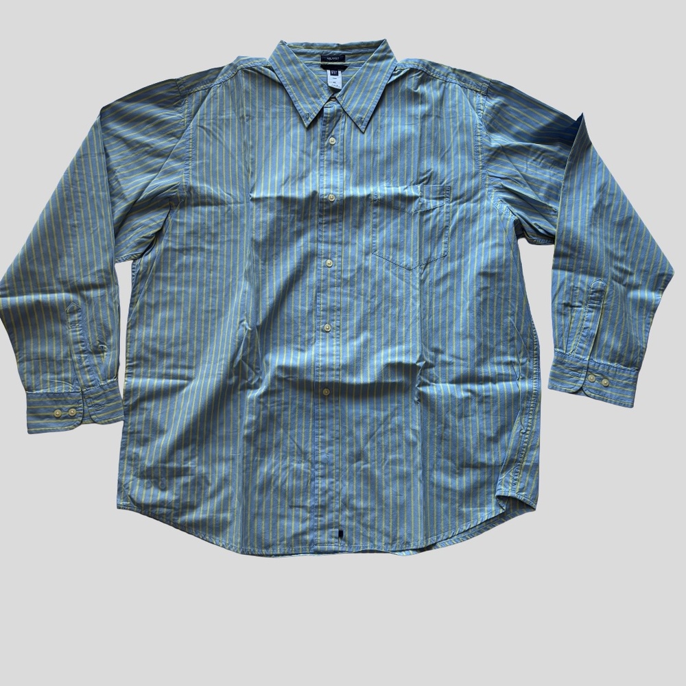 GAP | MEN BUTTON UP | SIZE: XL | RELAXED FIT | BLUE WITH LIME GREEN STRIPES |